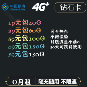中国移动（China Mobile） 无限流量卡，全国不限量4G手机上网卡移动0月租流量卡大王卡 移动钻石卡19包100G不限速-夏末浅笑